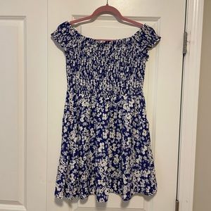 Express Blue & White Flower Off The Shoulder Flowy Dress
